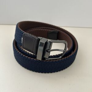 Cole Haan Reversible Belt Stretch Fabric Woven Mens Sz 42-44 XL Navy Blue Brown